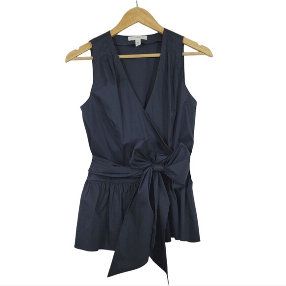NEW 1901 Surplice Wrap Fit & Flare Peplum Sleeveless Blouse in Navy Blue Size 8 - Picture 2 of 10
